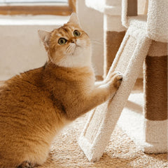 Ona’s Cottage Premium Multi-Level Cat Tower with Cat Scratching Posts in use by a playful orange cat.
