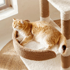 Ona’s Cottage Premium Multi-Level Cat Tower with Cat Scratching Posts featuring a sleeping cat on a cozy tier.