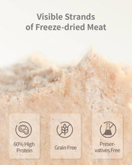 Freeze-dried pet food with visible meat strands, 60% high protein, grain free, preservative free