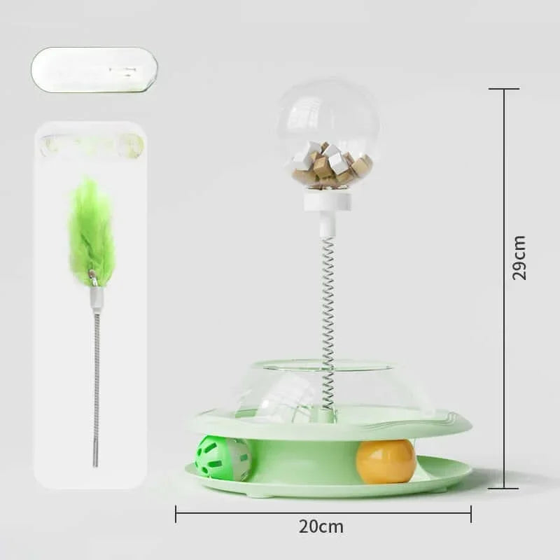 Interactive cat toy with feather wand, spring base, and treat dispenser, 29cm tall, ideal for indoor play and mental stimulation