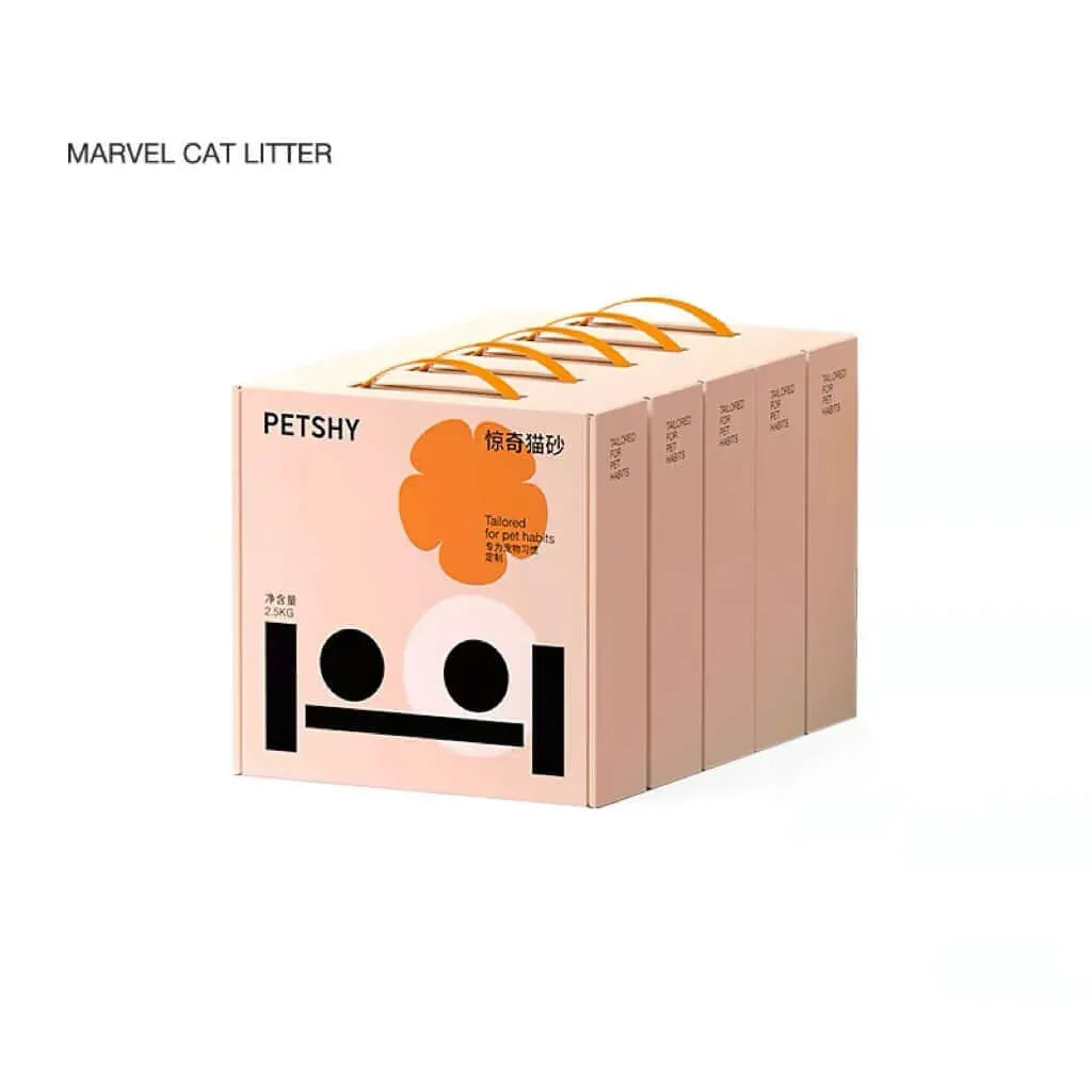PETSHY Marvel Cat Litter 2.5kg boxes with orange handles, tailored for pet habits