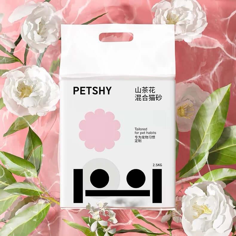 PETSHY 2.5kg camellia blend cat litter bag with floral design, ideal for pet habits