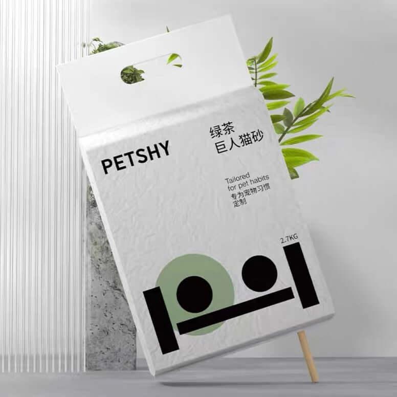 PETSHY green tea cat litter bag, 2.7kg, tailored for pet habits, minimalist design with plant accent