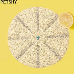 Round pet mat with textured weave and lemon slice, stylish pet accessory for cats and dogs