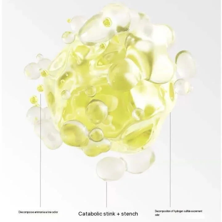Yellow liquid bubbles breaking down pet odors like ammonia and hydrogen sulfide for fresh air
