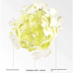 Yellow liquid bubbles breaking down pet odors like ammonia and hydrogen sulfide for fresh air