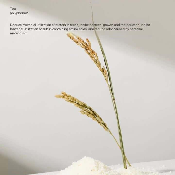 Tea polyphenols for pet odor control, shown with wheat stalks and powder
