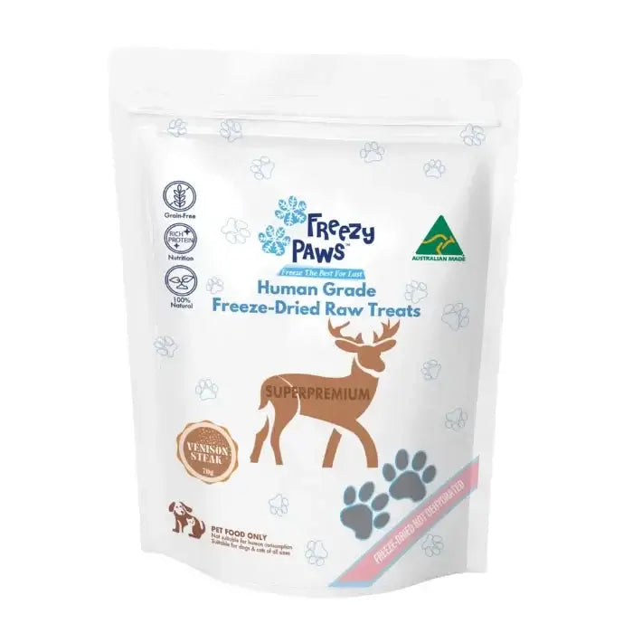 Freezy Paws Freeze Dried Venison Pet Treat 70g - freeze dried cat treats packaging with venison steak image.