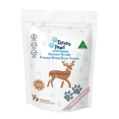 Freezy Paws Freeze Dried Venison Pet Treat 70g - freeze dried cat treats packaging with venison steak image.