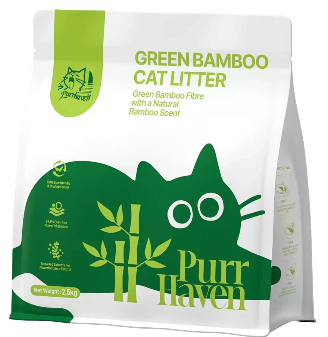 Purr Haven Green Bamboo Cat Litter, eco-friendly, dust-free, 2.5kg bag with natural bamboo scent