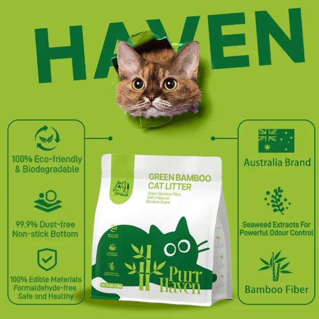 Purr Haven Green Bamboo Cat Litter – eco-friendly, dust-free, Australian brand with seaweed odor control