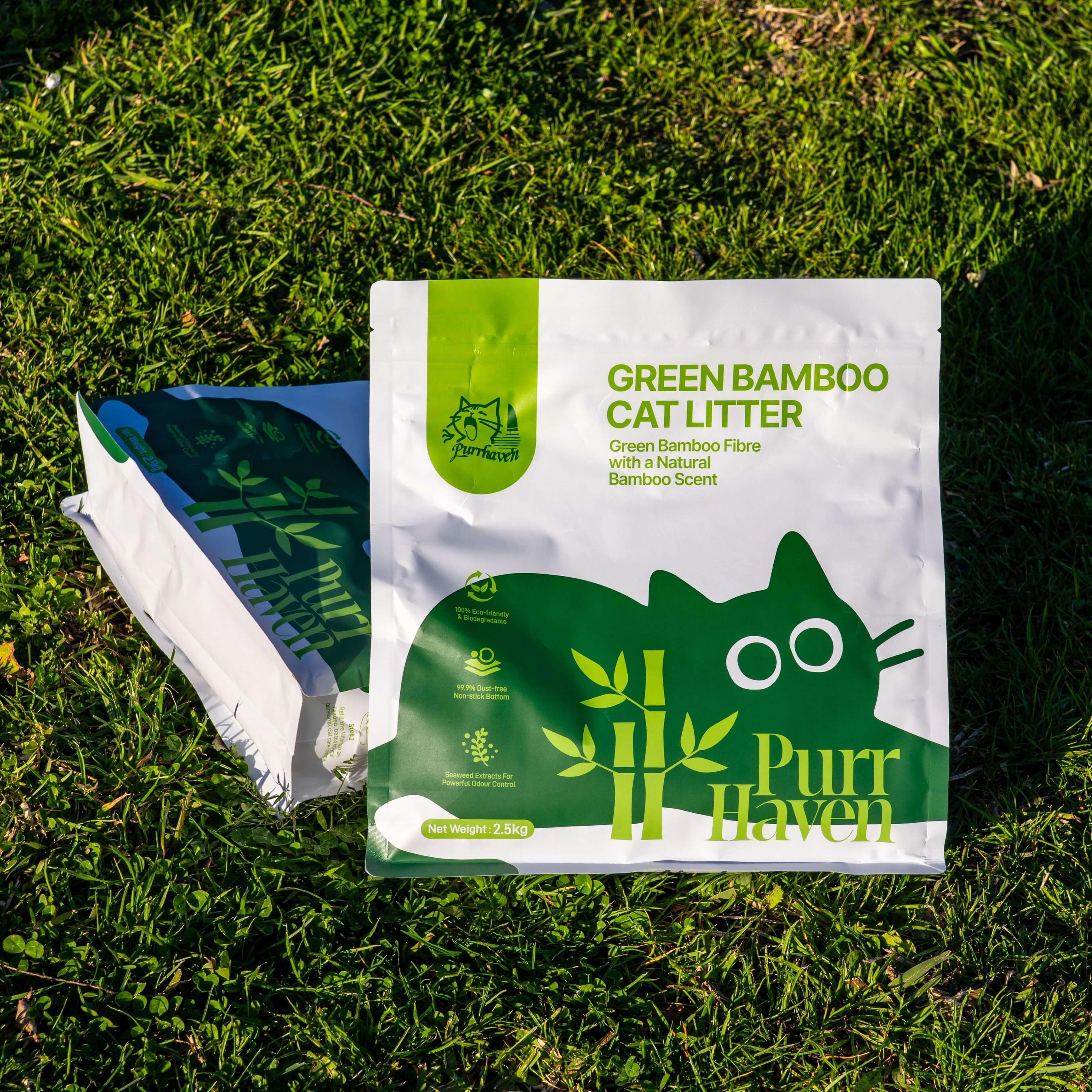 Green Bamboo Cat Litter bag on grass, eco-friendly, 2.5kg, natural bamboo scent, dust-free, biodegradable