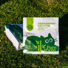 Green Bamboo Cat Litter bag on grass, eco-friendly, 2.5kg, natural bamboo scent, dust-free, biodegradable