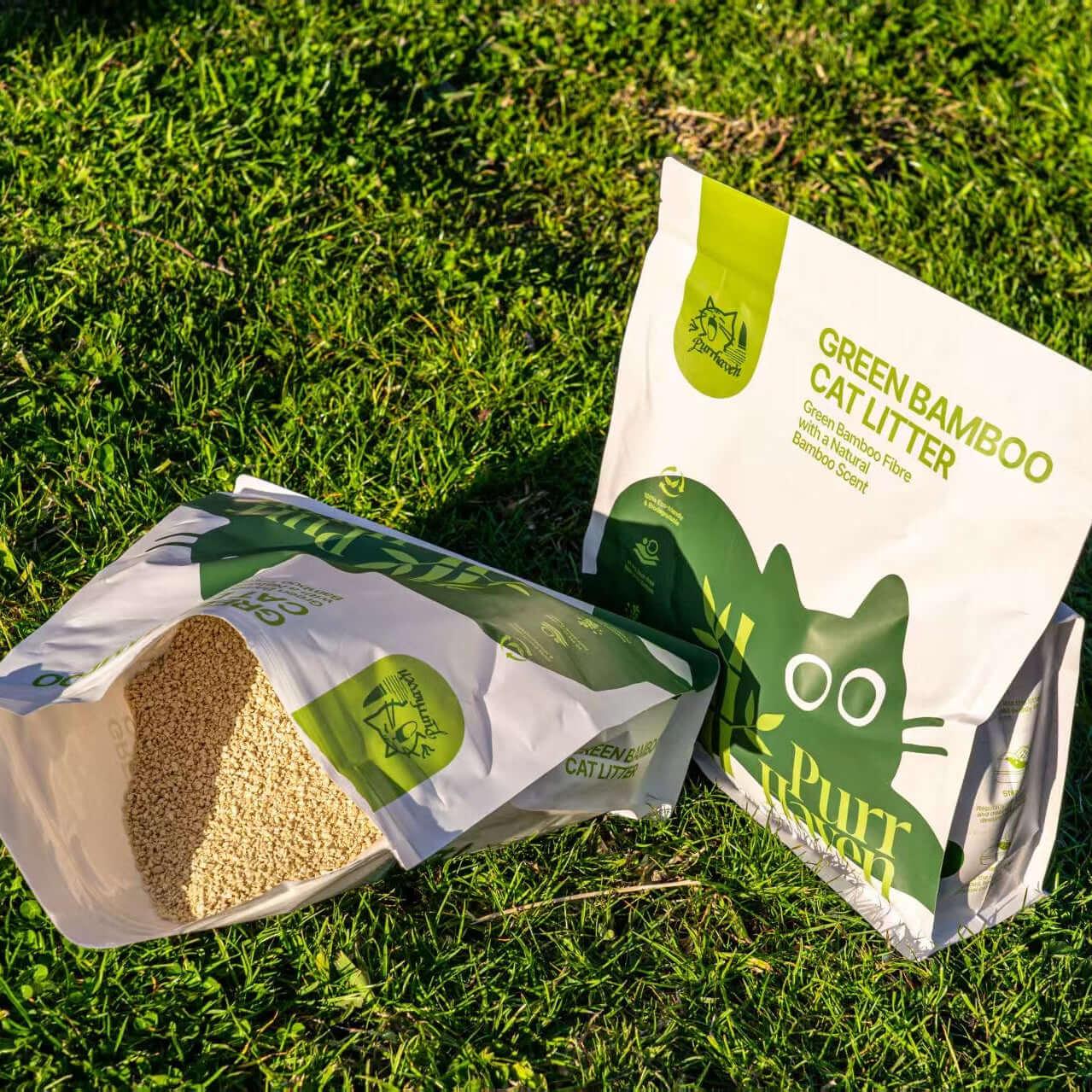 Green Bamboo Cat Litter bags on grass, eco-friendly pet supplies for cats