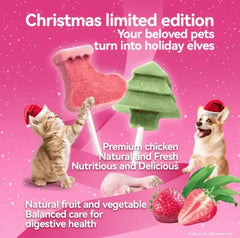 Christmas limited edition pet treats shaped as stocking and tree, natural chicken & fruit for cats and dogs