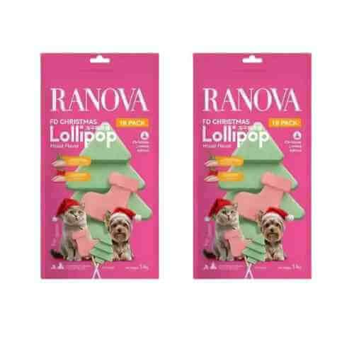 Ranova Christmas Lollipop treats for cats and dogs, festive tree-shaped snacks in pink packaging