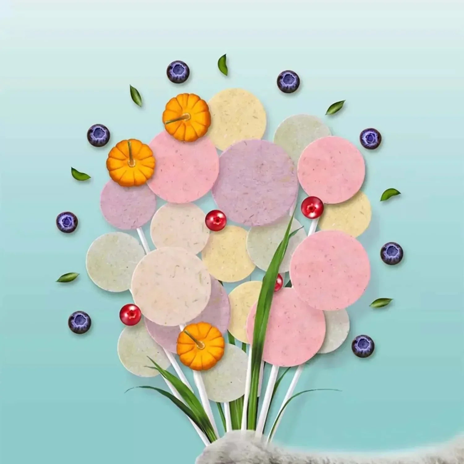 Colorful pet treats with pumpkins, berries, and green leaves on pastel background