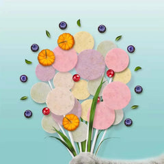 Colorful pet treats with pumpkins, berries, and green leaves on pastel background