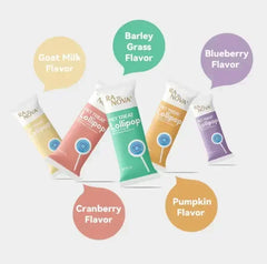 Raw Nova pet treat lollipops in goat milk, barley grass, blueberry, cranberry, and pumpkin flavors for dogs and cats