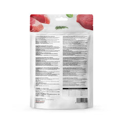 Cat food pouch back label with multilingual feeding instructions and nutritional info for cats
