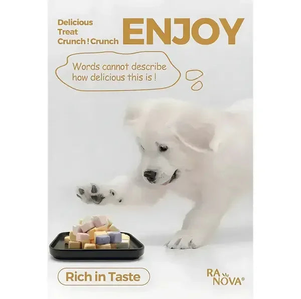Adorable white puppy reaching for colorful dog treats on tray, labeled 'ENJOY' and 'Rich in Taste'