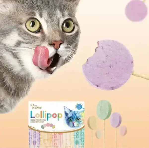Grey cat licking lips beside RANova Lollipop cat treats, colorful mixed flavor snacks for cats