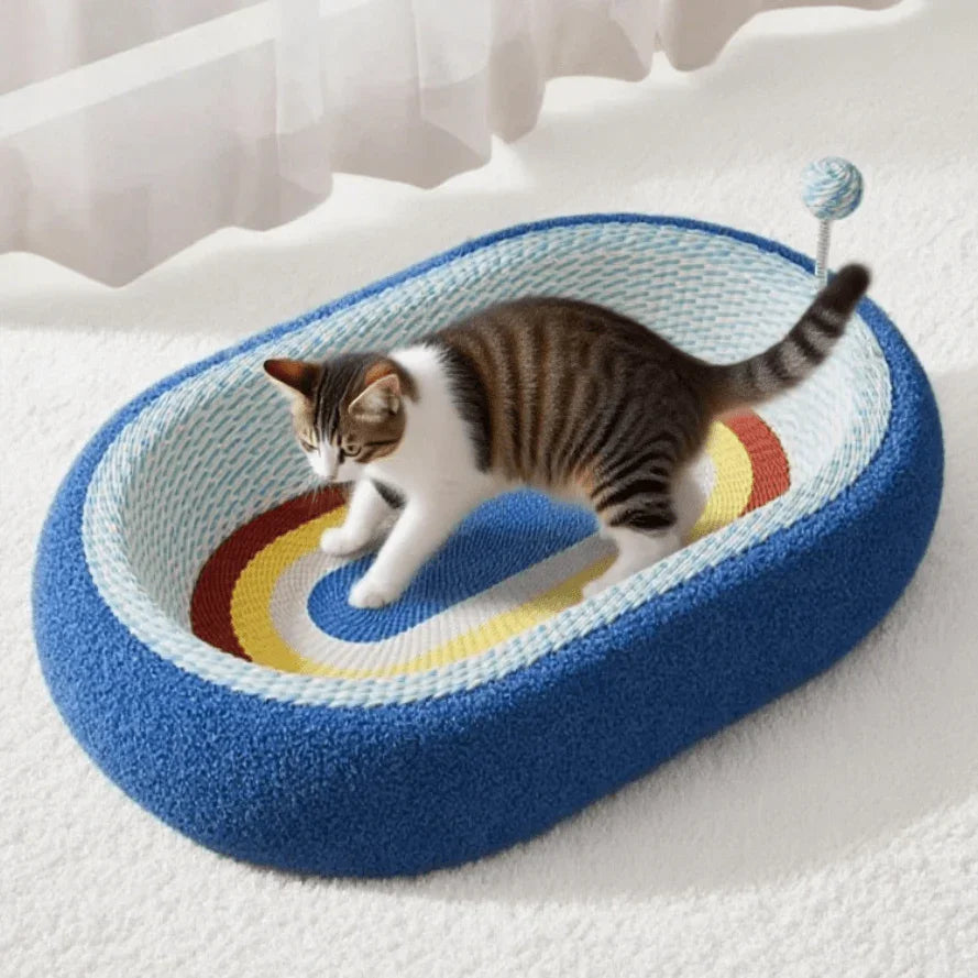 Striped cat playing in colorful rainbow-patterned cat bed with toy, cozy pet supplies for cats