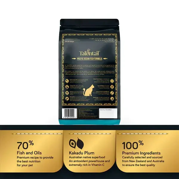 Talentail Ultimate Cat Pacific Ocean Fish Dry Cat Food bag showcasing ingredients and nutrition benefits.