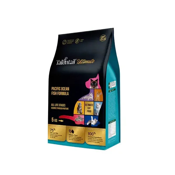 Talentail Ultimate Cat Pacific Ocean Fish Dry Cat Food bag showcasing 75% fish and premium ingredients.