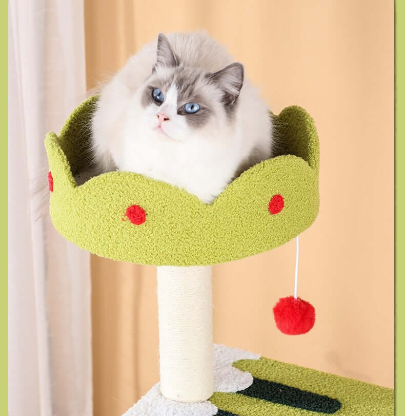 Tall Ice Cream Shape Cat Tree Multi-Level Aesthetic Cat Tower 110cm with a fluffy cat lounging on a green platform.