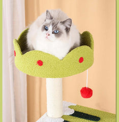 Tall Ice Cream Shape Cat Tree Multi-Level Aesthetic Cat Tower 110cm with a fluffy cat lounging on a green platform.