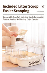 Transparent Semi-Enclosed Large Cat Litter Tray with Scoop, featuring included scoop for easier cleaning.