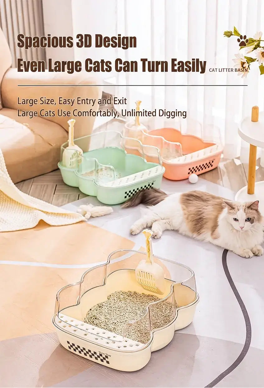 Transparent Semi-Enclosed Large Cat Litter Tray with Scoop in a spacious 3D design for large cats to turn easily.