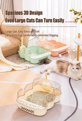 Transparent Semi-Enclosed Large Cat Litter Tray with Scoop in a spacious 3D design for large cats to turn easily.