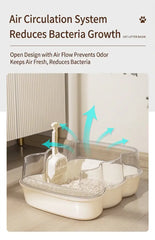 Transparent Semi-Enclosed Large Cat Litter Tray with Scoop for improved air circulation and reduced bacteria growth.
