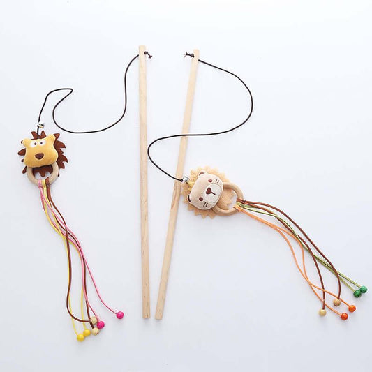 Wooden Cat Teaser Wand Cat Toy Bear & Lion Design-Petroom
