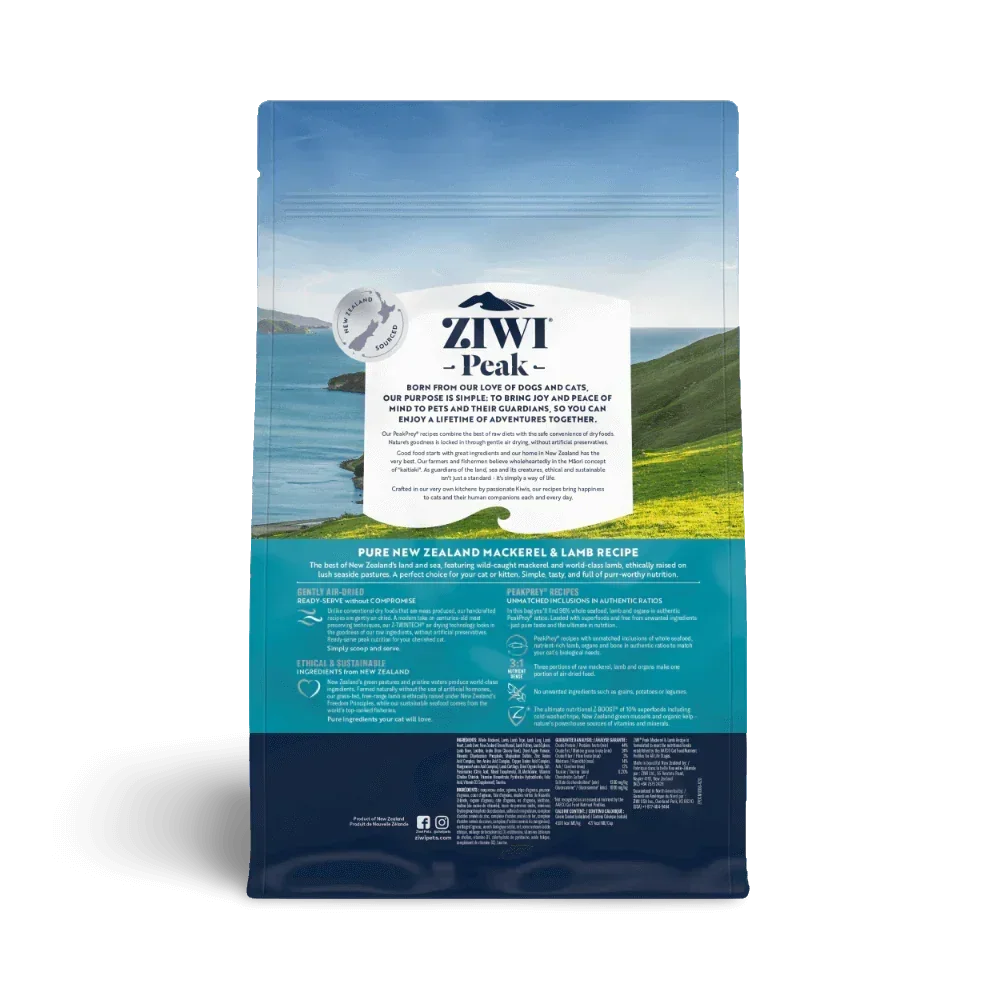 Ziwi Peak Pure New Zealand Mackerel & Lamb Recipe cat food bag with scenic backdrop