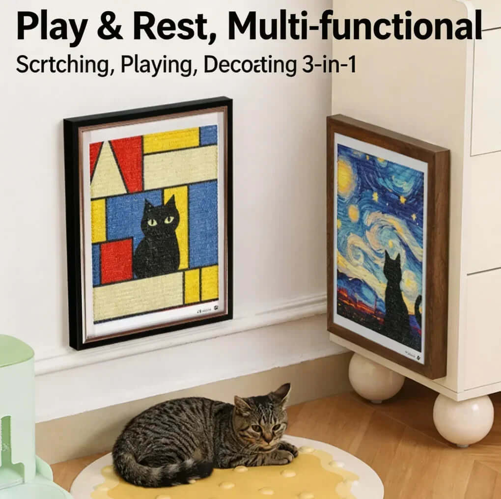 Cat resting near multi-functional scratcher art frames for playing, scratching, and home decor
