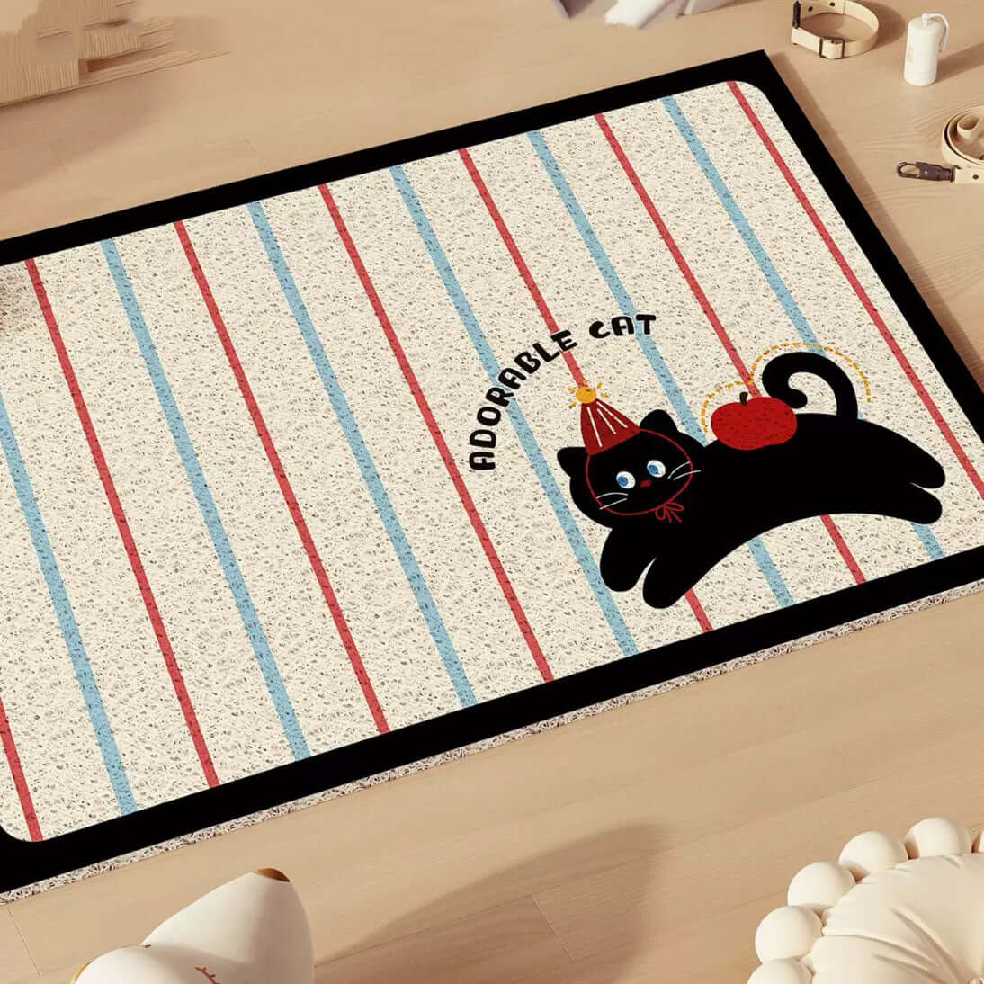 Non-Slip Easy Clean PVC Cat Litter Mat Beige with a playful cat design on a striped background.