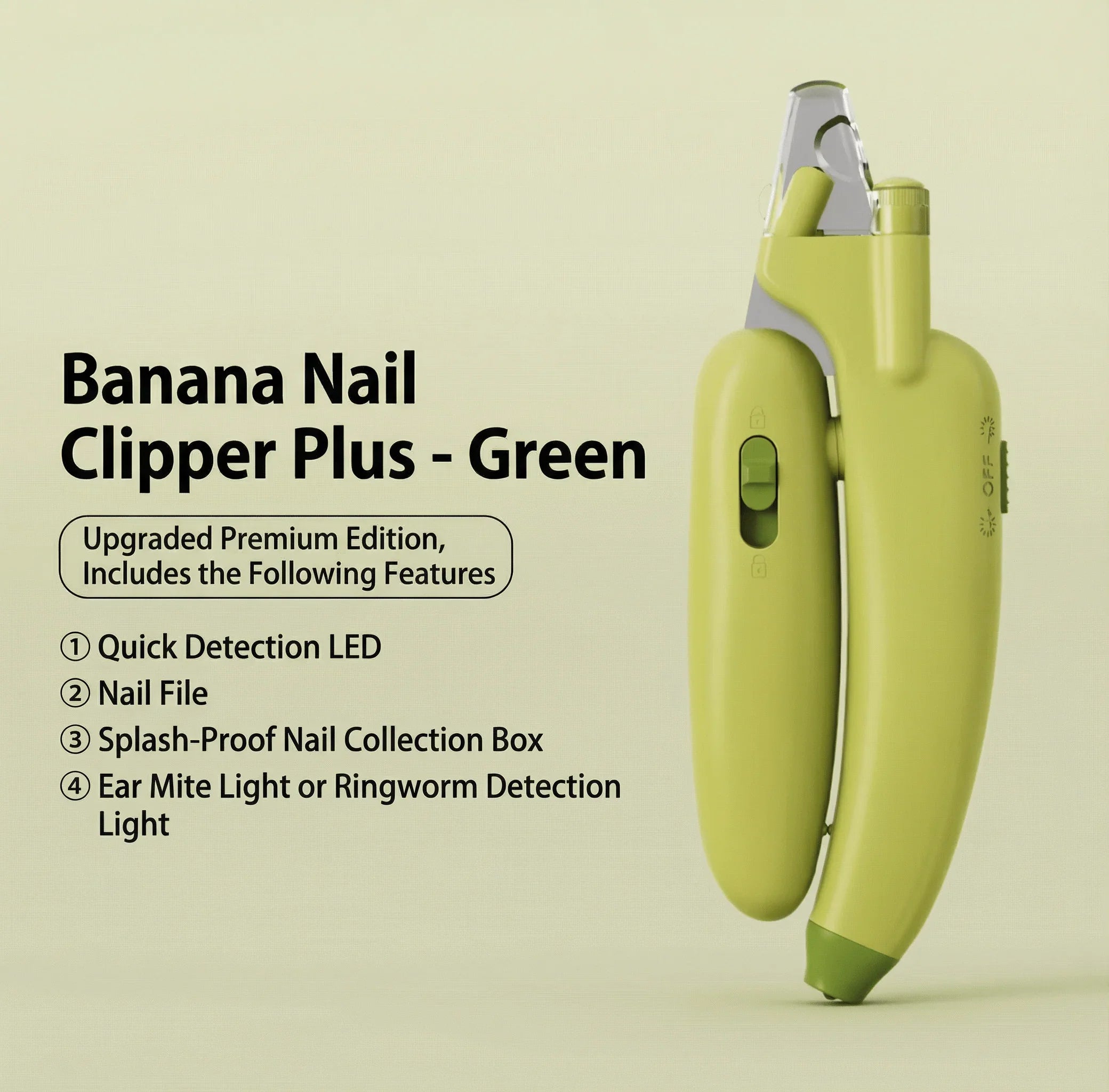 AIWO Banana-Shaped Pet Nail Clippers - LED Light Grinding File in green with quick detection features and nail file.