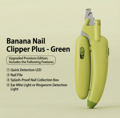 AIWO Banana-Shaped Pet Nail Clippers - LED Light Grinding File in green with quick detection features and nail file.