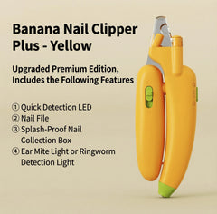 AIWO Banana-Shaped Pet Nail Clippers - LED Light Grinding File in yellow, featuring upgraded premium design and multiple functions.