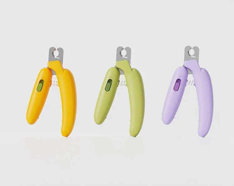 Colorful pet nail clippers for cats and dogs in yellow, green, and purple designs