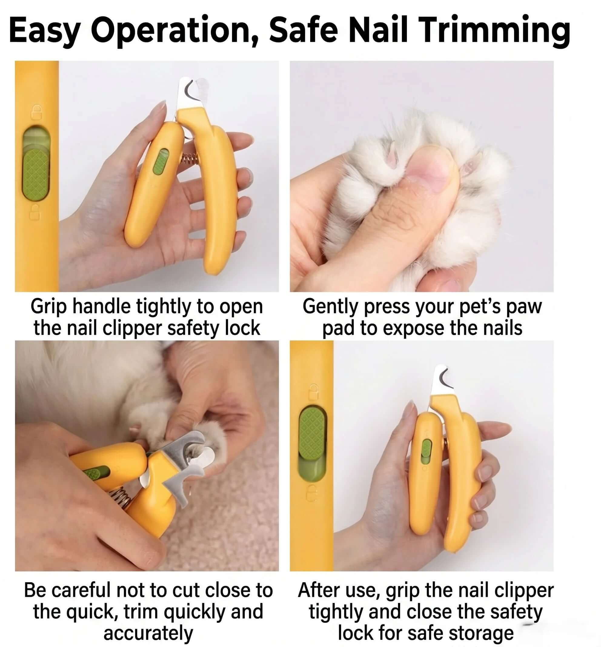Yellow pet nail clippers with safety lock for cats and dogs, demonstrating easy, safe trimming steps