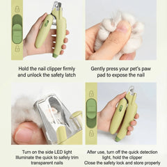 AIWO Banana-Shaped Pet Nail Clippers - LED Light Grinding File usage instructions with safety features.
