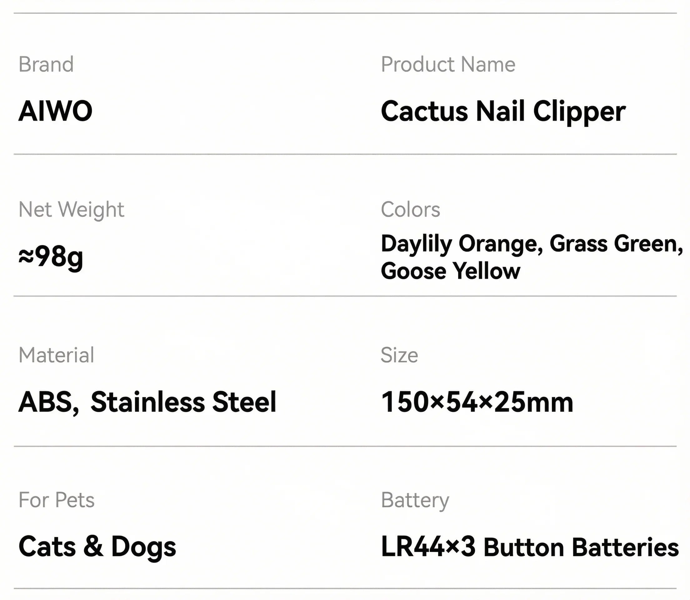 AIWO Cactus Shaped Pet Nail Clippers with LED Bloodline Light features and specifications chart.