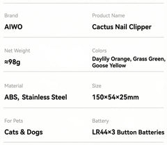 AIWO Cactus Shaped Pet Nail Clippers with LED Bloodline Light features and specifications chart.