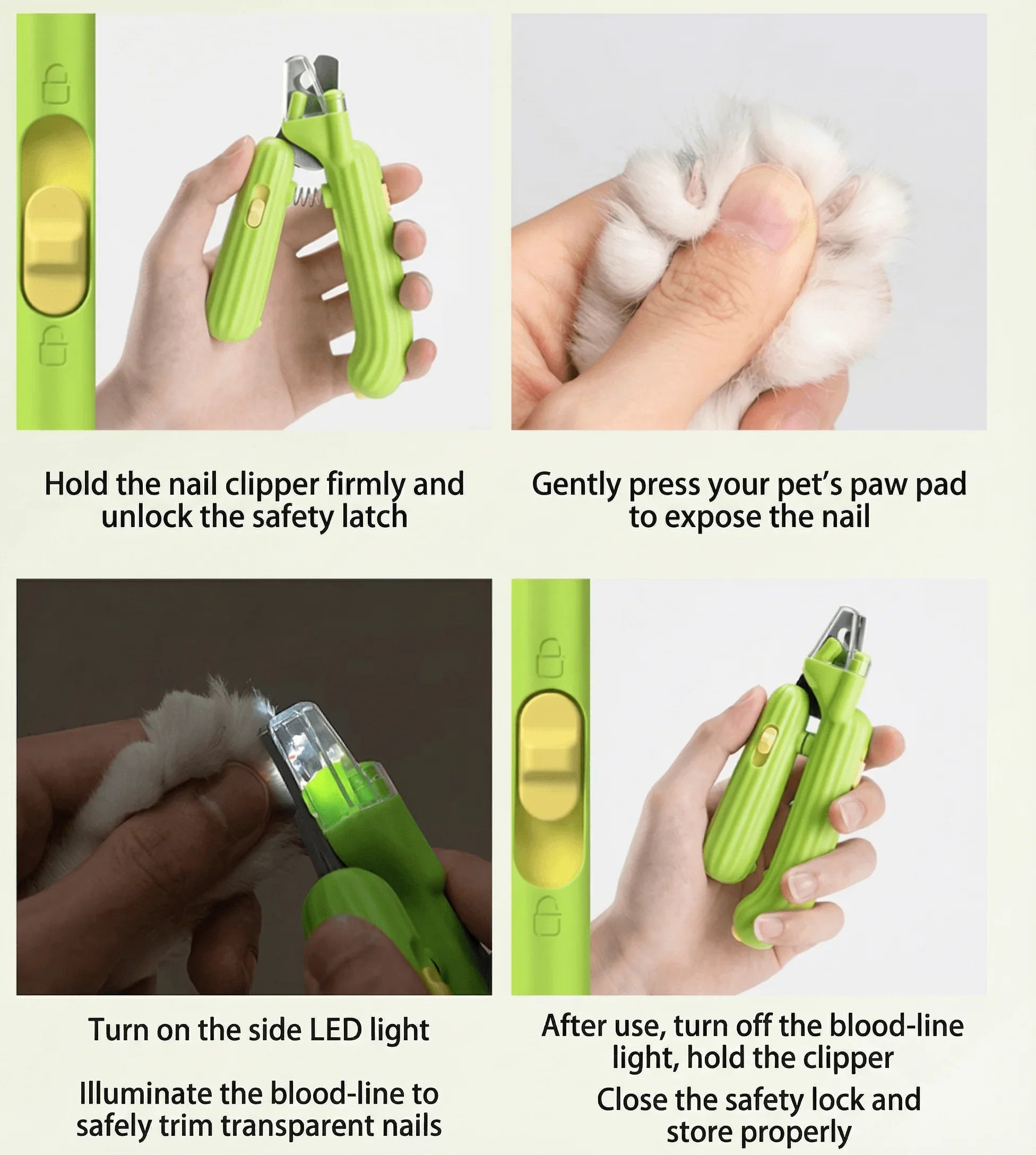 AIWO Cactus Shaped Pet Nail Clippers with LED Bloodline Light usage instructions for safe pet grooming.