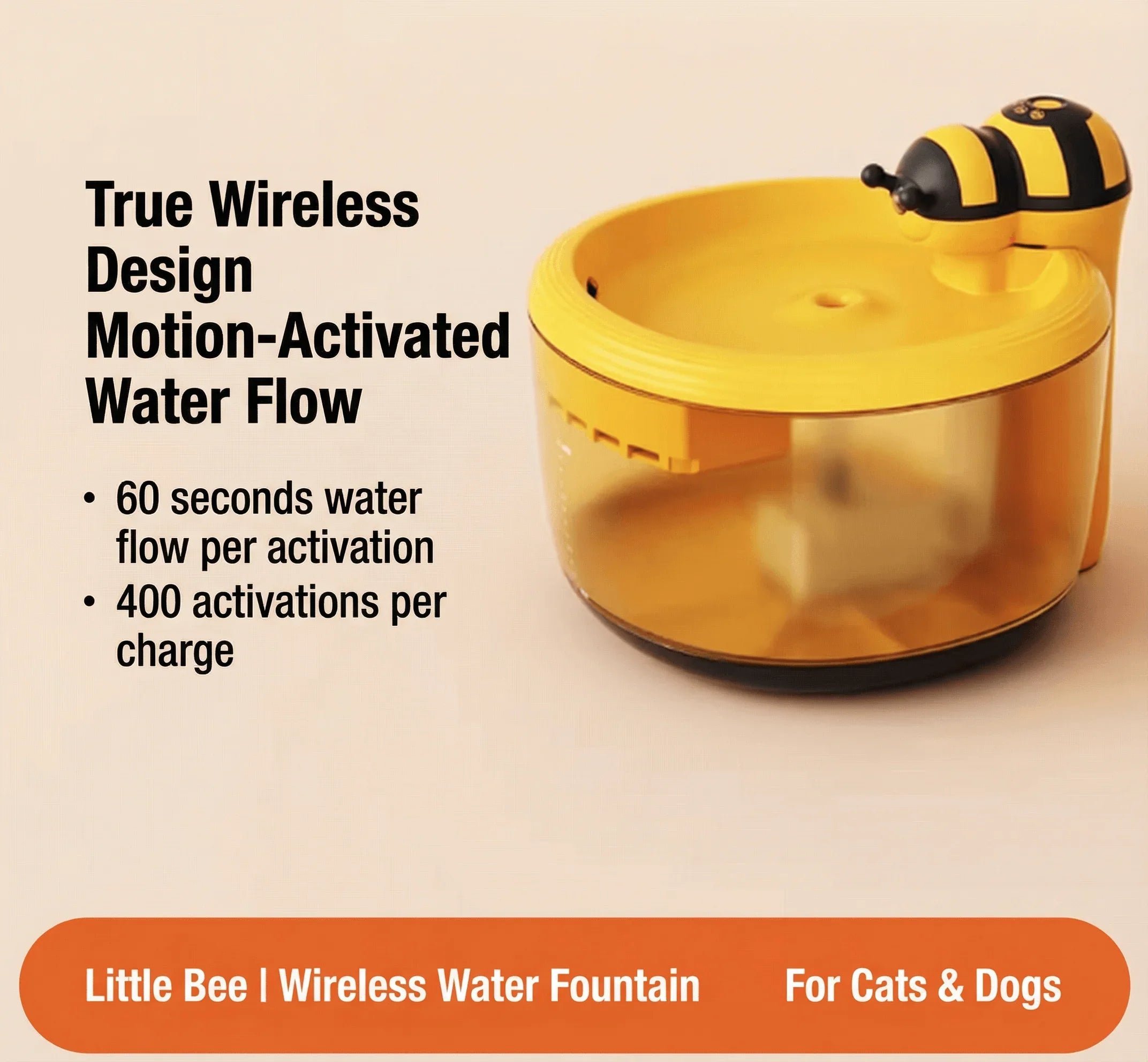 AIWO Wireless Pet Water Fountain - Bee Series Gen 2 showing motion-activated water flow for pets, ideal for cats and dogs.