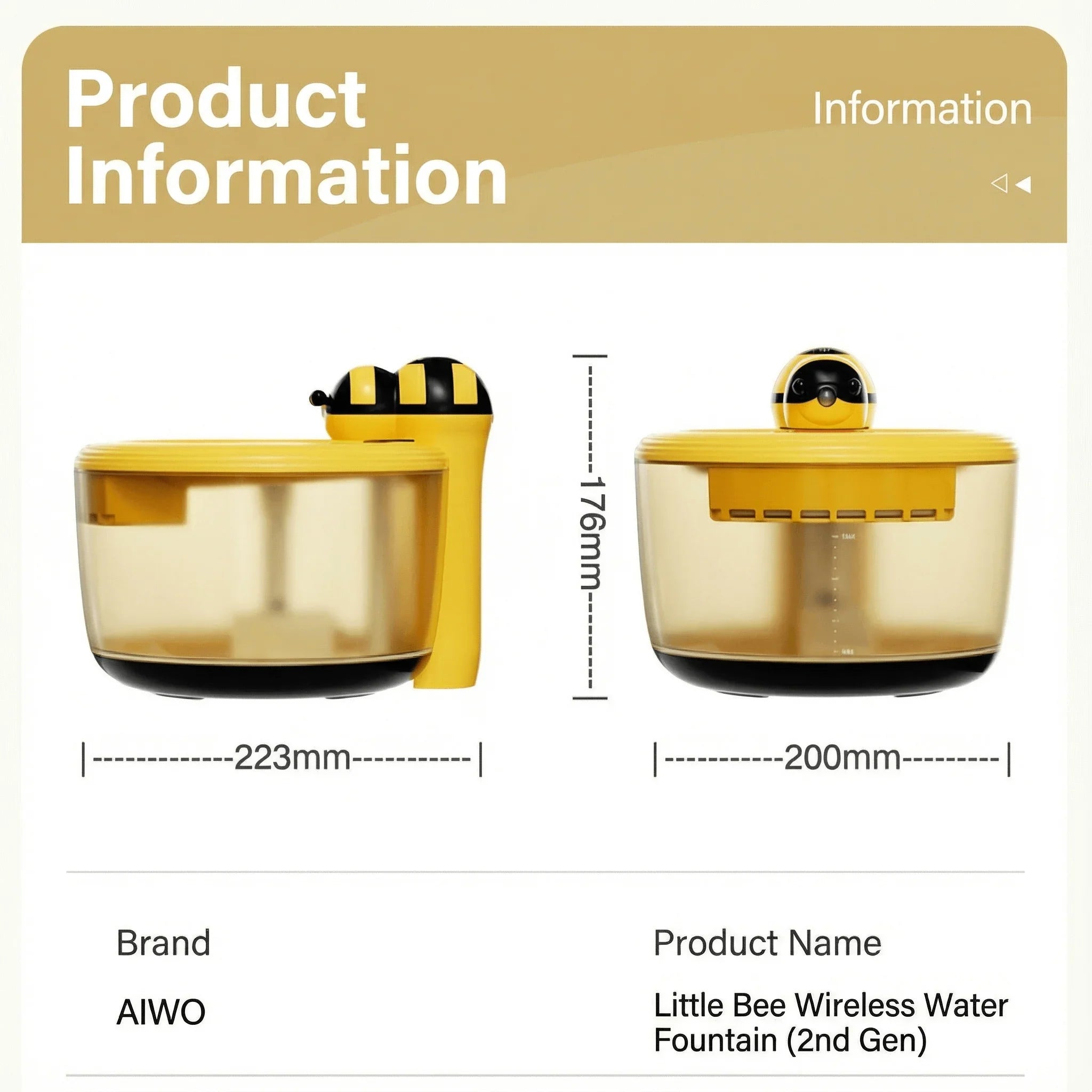AIWO Wireless Pet Water Fountain - Bee Series Gen 2 dimensions and design overview.